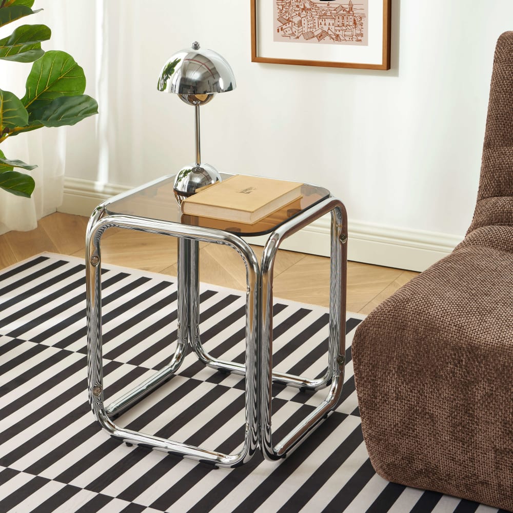 Table d'appoint verre trempé orange structure en chrome