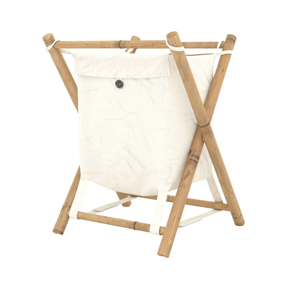 Panier à linge pliable en tissu blanc et bambou