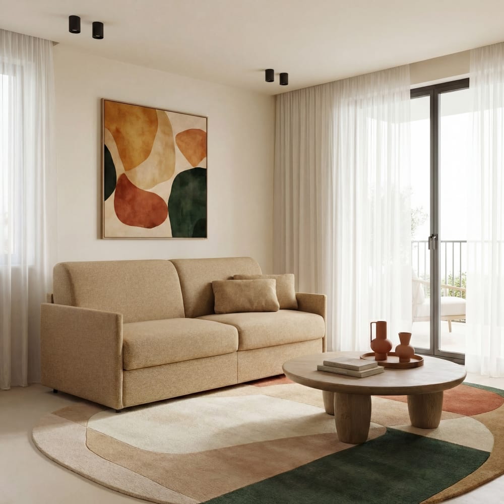 Canapé convertible en tissu jaune, matelas 120x195 épaisseur 17 cm