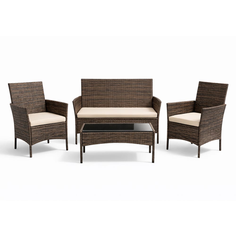 Ensemble de jardin 4 places en résine tressée marron et coussins beige