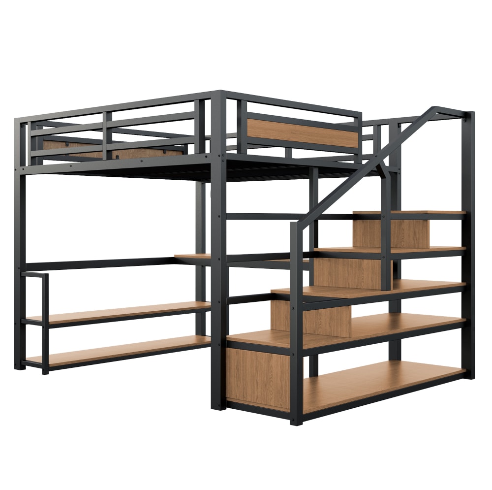 Lit mezzanine 140x200 cm en métal noir avec rangements et étagères