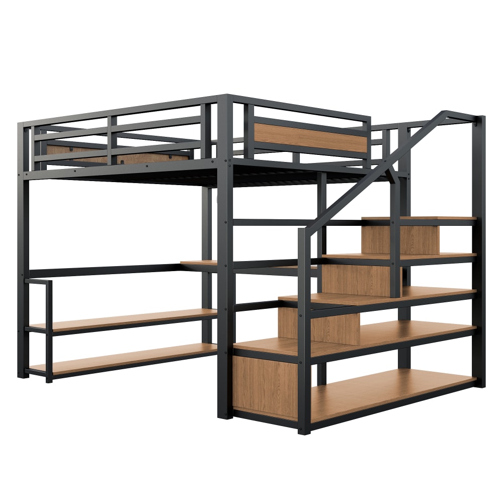 Lit mezzanine en métal noir avec rangements et étagères 140 x 200 cm