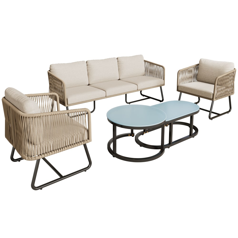 Salon de jardin 5 places en fer et verre beige