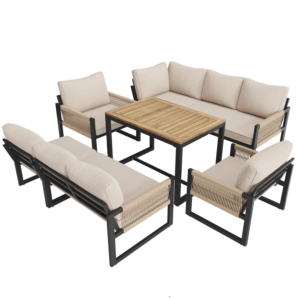 Salon de jardin 9 places en métal et tissu beige