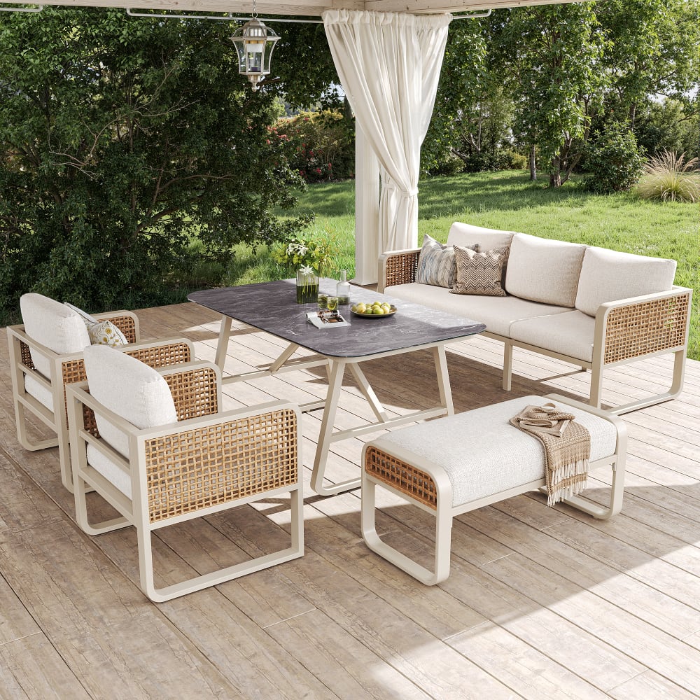Salon de jardin 7 places en rotin beige