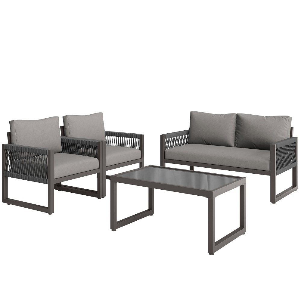 Salon de jardin 4 places en fer et verre gris