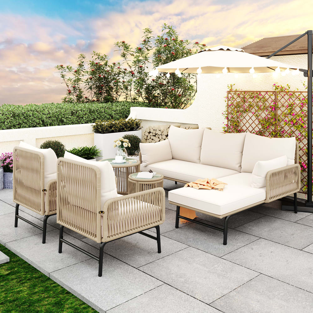 Salon de jardin 6 places en fer et corde beige