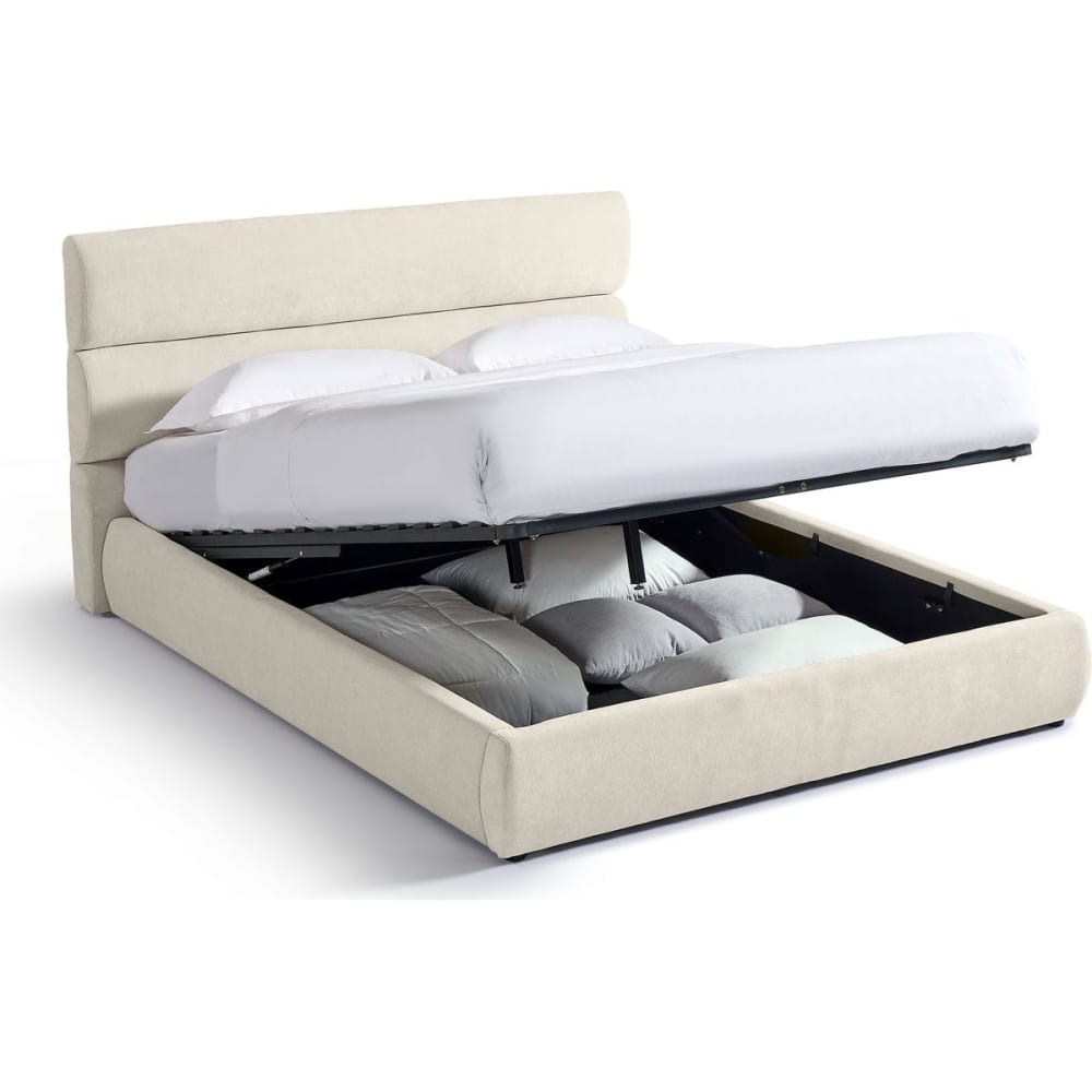Lit coffre adulte 140x190 cm avec tête de lit en tissu chenille beige