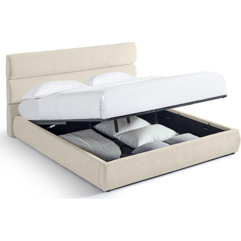 Lit coffre adulte 180x200 cm avec tête de lit en tissu chenille beige