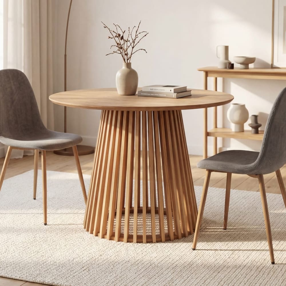 Table à manger ronde, piètement central conique effet bois 4 pers.