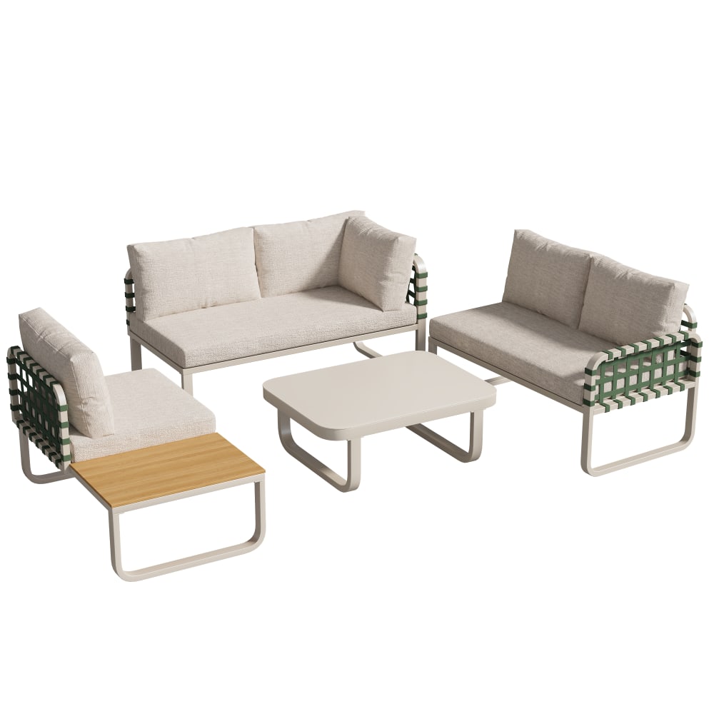 Salon de jardin 5 places en fer et bois beige
