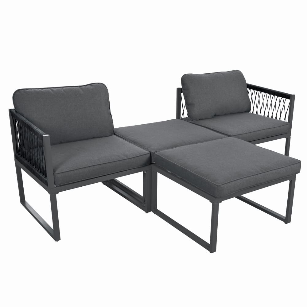Salon de jardin 4 pièces en aluminium et rotin gris avec 2 fauteuils