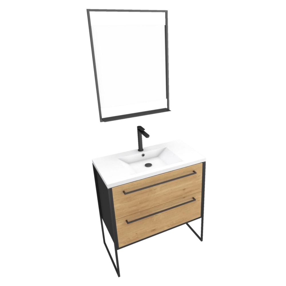 Pack meuble à 2 tiroirs vasque et miroir simple bois blanc 80x50x81 cm