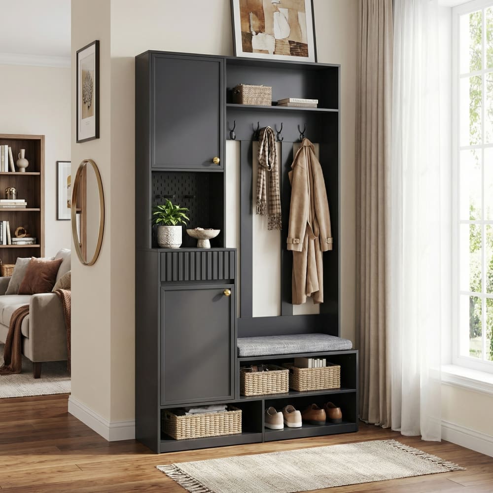 Meuble d’entrée noir avec banc, rangements et crochets – 180 cm