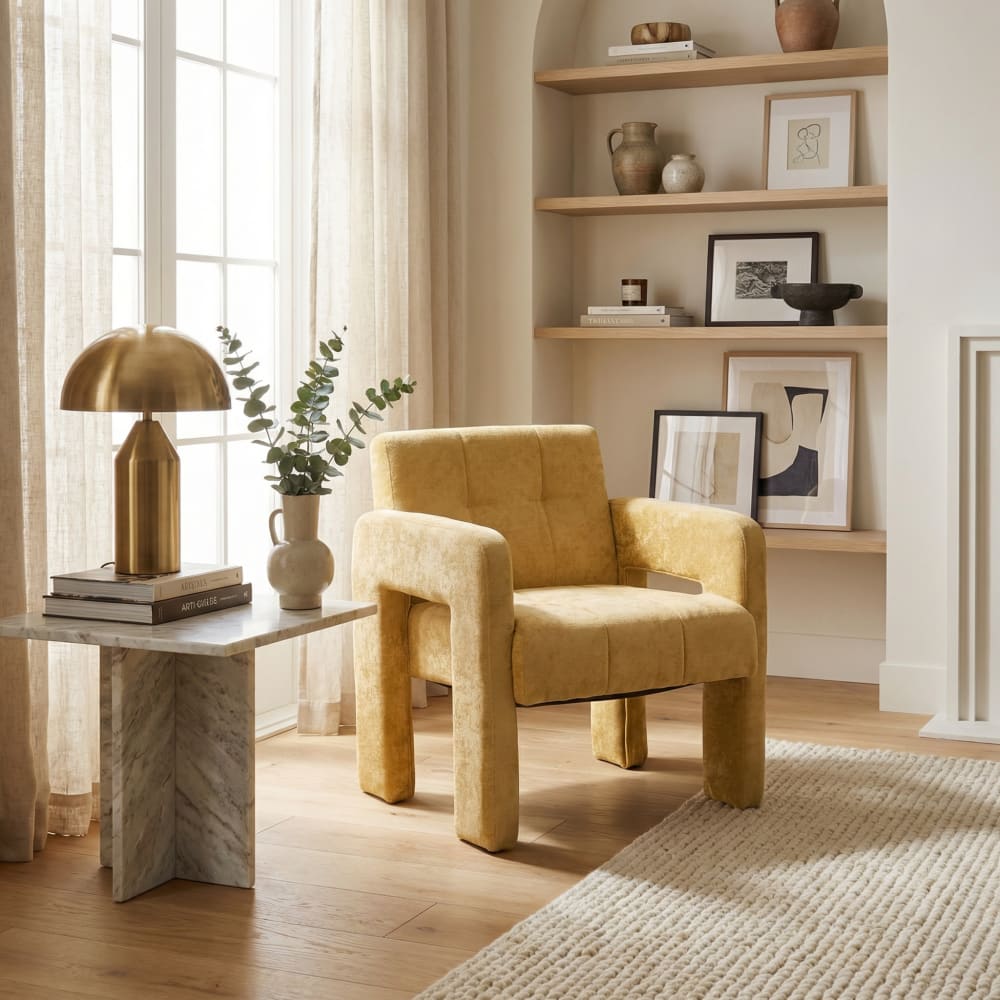 Fauteuil rétro chic en chenille jaune moutarde