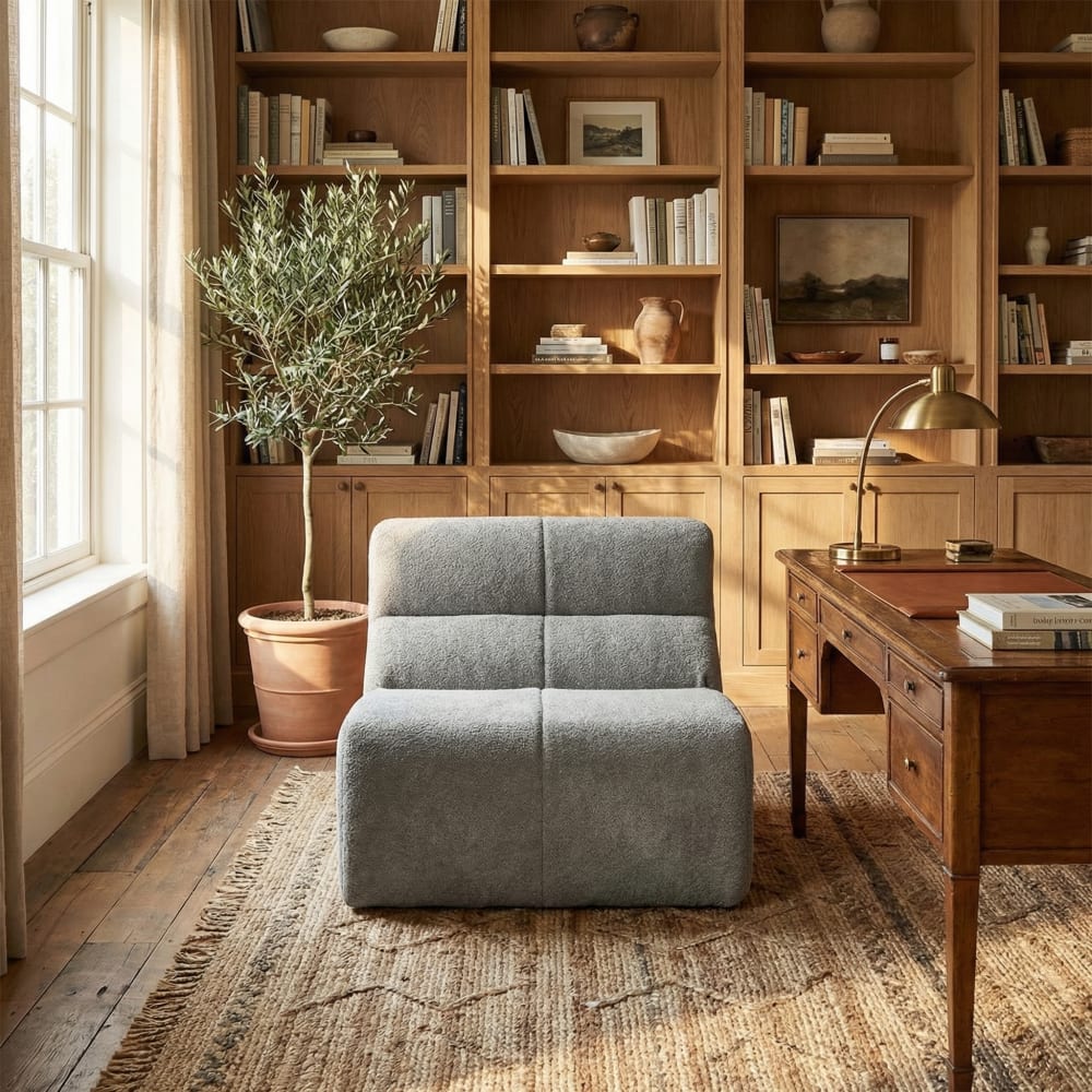 Fauteuil lounge rétro chic en velours gris doux, confort nuage