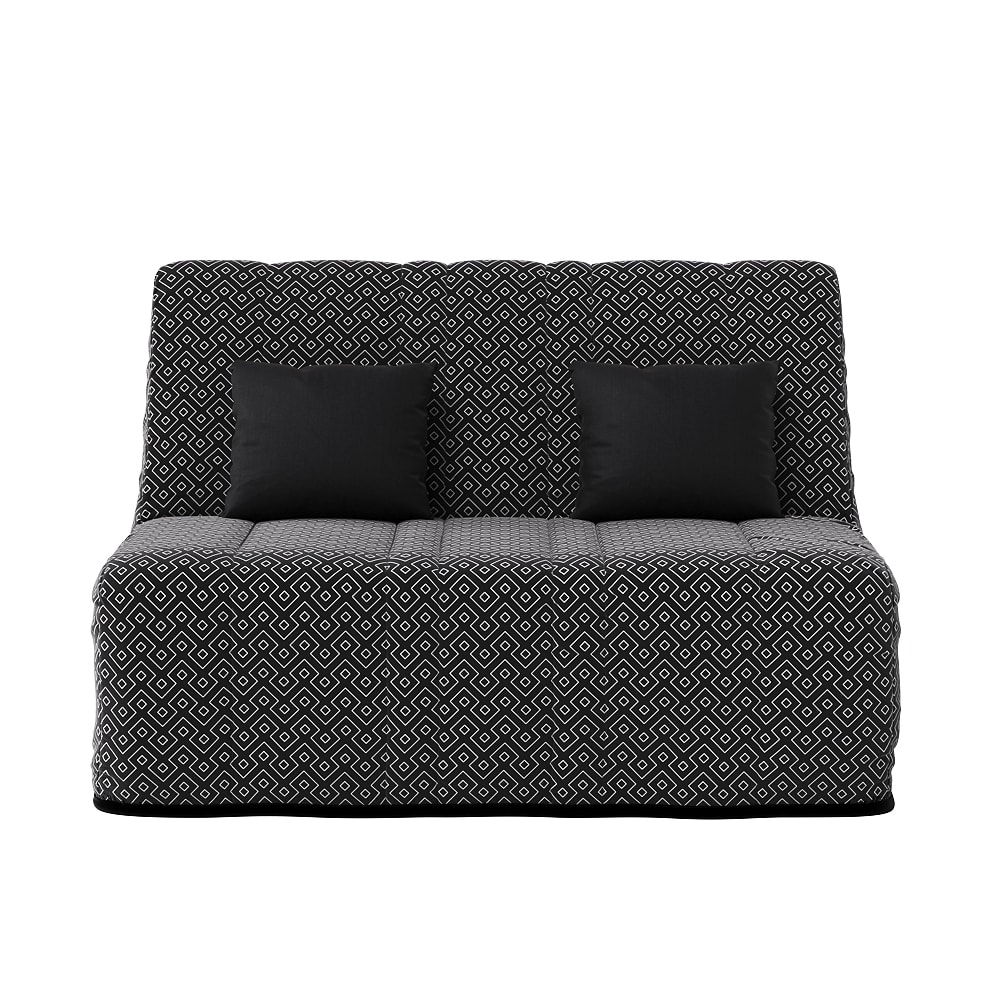 Banquette bz avec 2 coussins offerts tissu noir à motifs 140x190