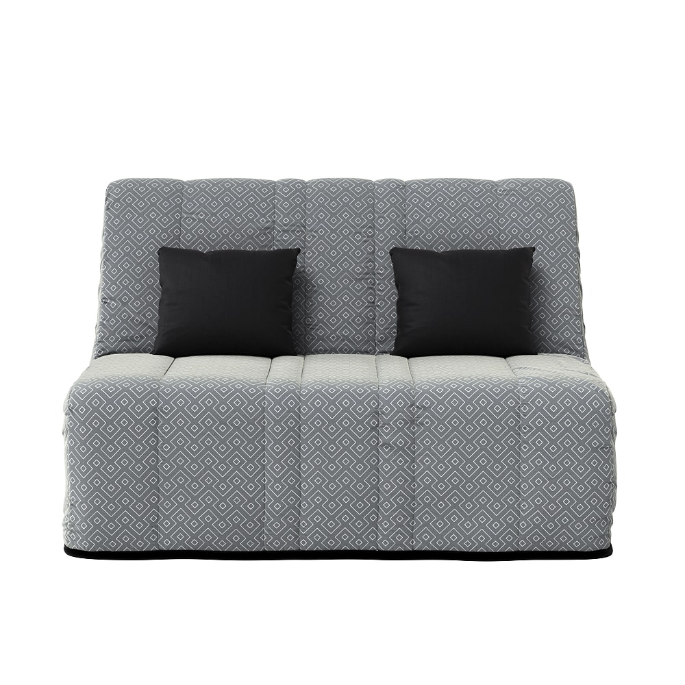 Banquette bz avec 2 coussins offerts tissu gris à motifs 140x190