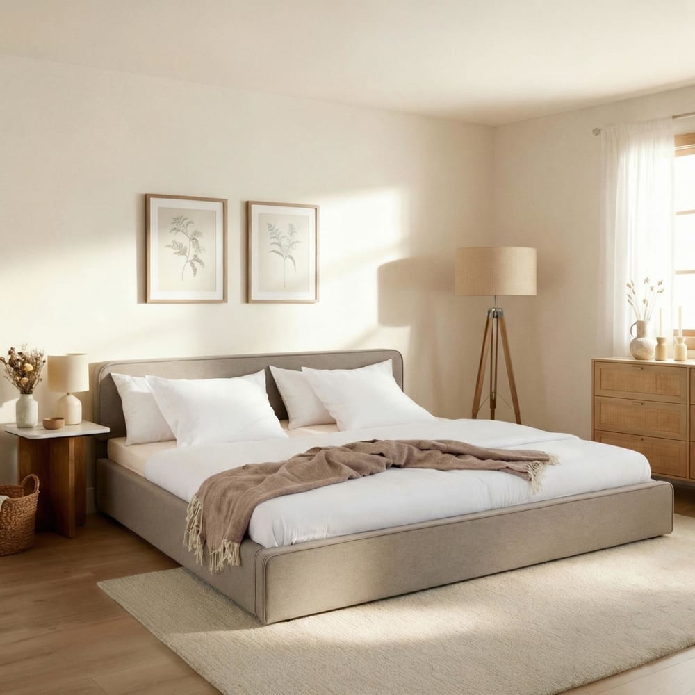 Lit double 180x200 avec tête de lit en tissu et sommier, grège