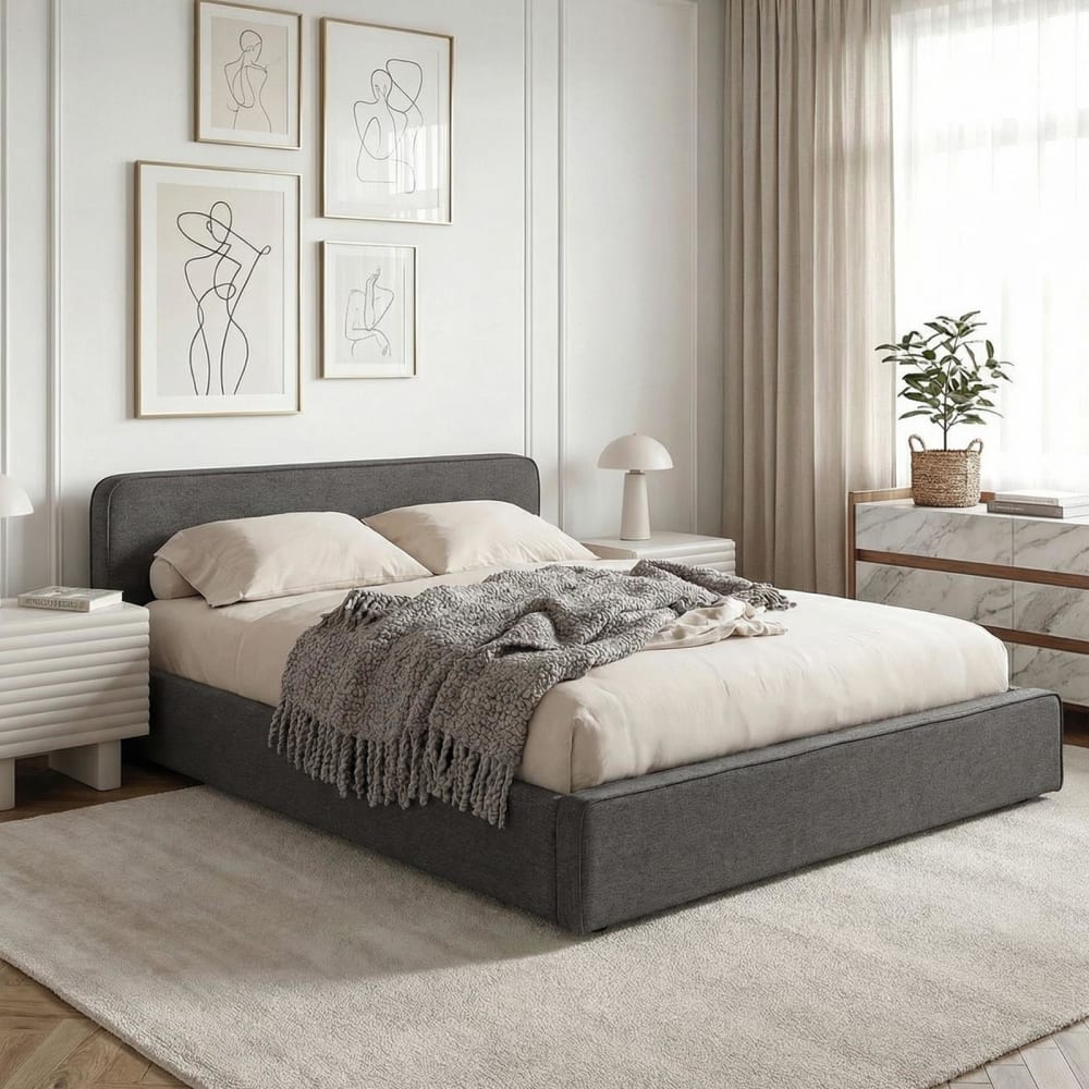 Lit double rembourré en tissu gris foncé, avec sommier, 140 x 190 cm