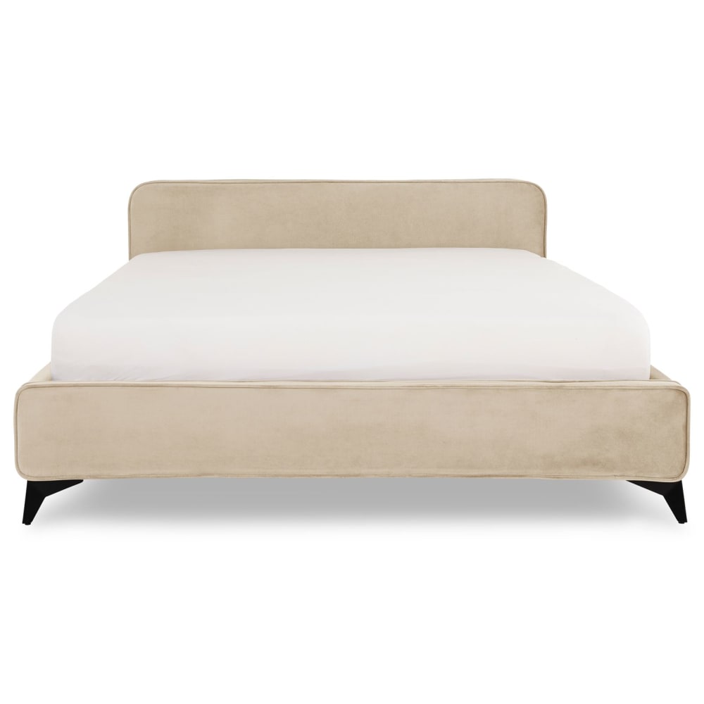 Lit double en tissu peau de pêche, beige, avec sommier, 140 x 190 cm