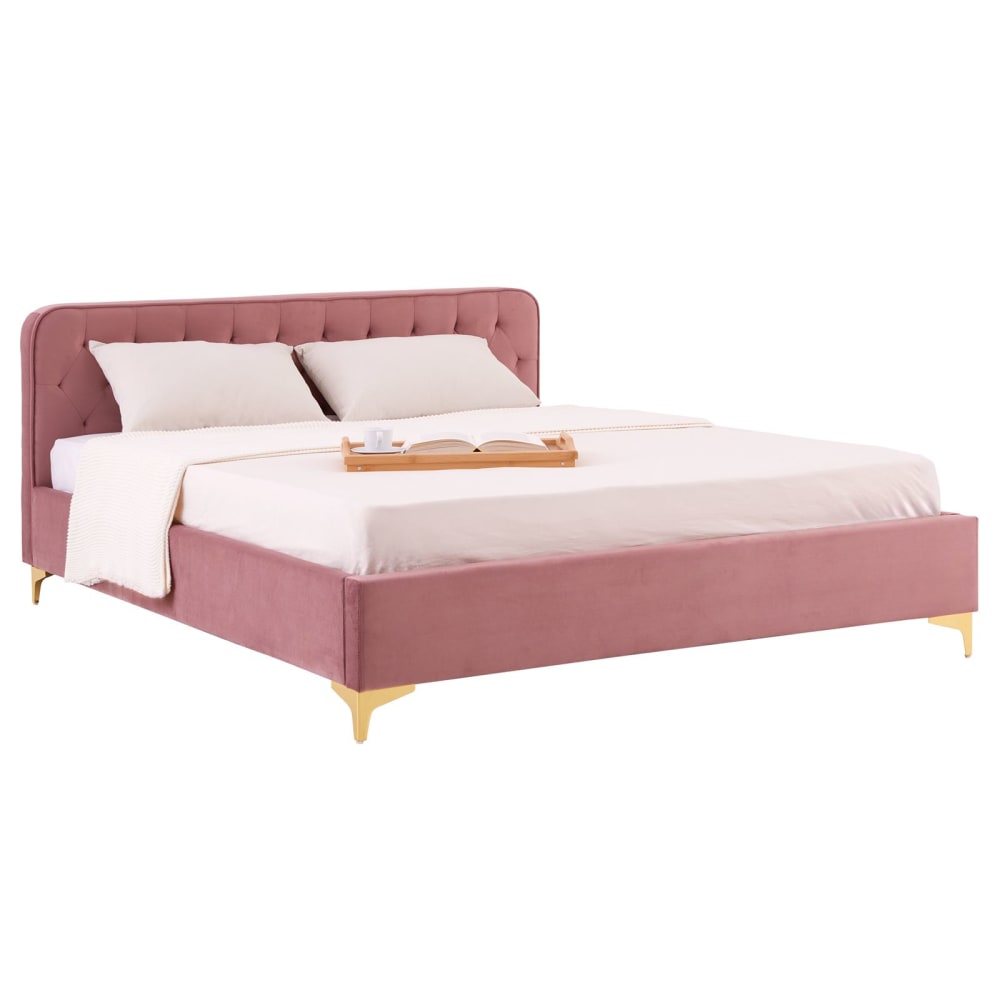 Lit double 140x190 en velours rembourré avec sommier, rose