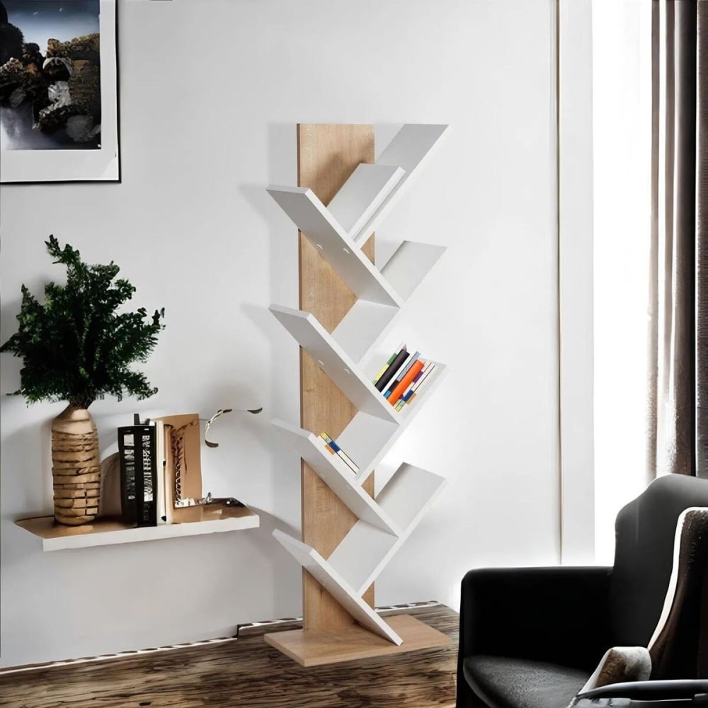 Etagère bibliothèque décor chêne et blanc H129,8 cm