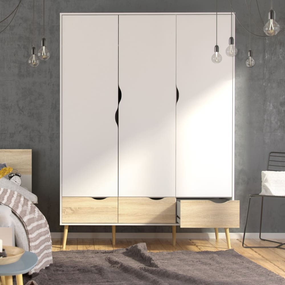 Armoire 3 portes, 3 tiroirs blanc et décor chêne l147,2 cm