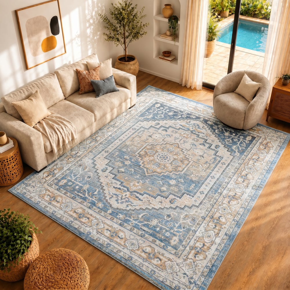 Tapis vintage lavable en machine bleu/gris 200x275 — vue 3