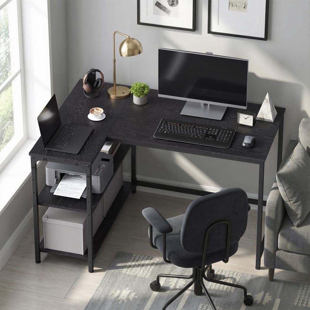 Bureau en l étagères avec rangement 110 x 80 cm effet bois noir