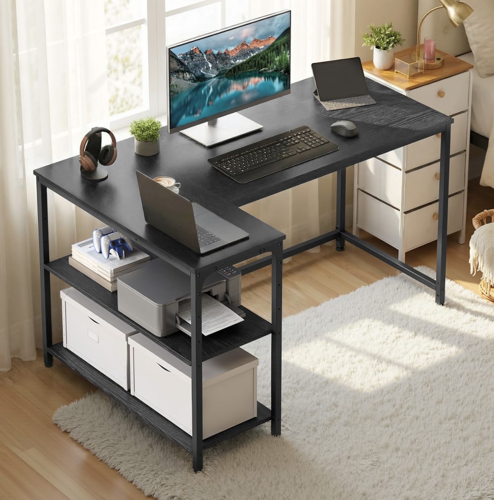 Bureau en l étagères avec rangement 120 x 80 cm effet bois noir