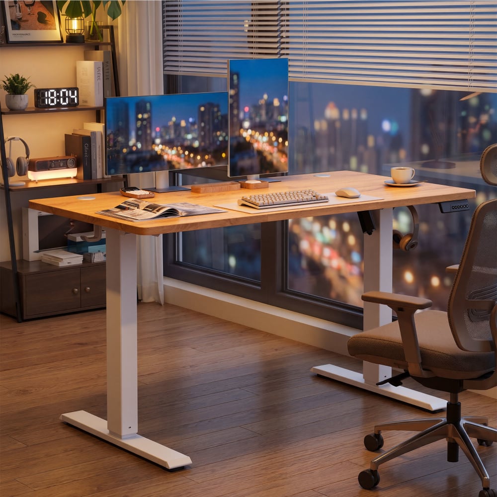 Bureau assis-debout réglable 120 x 60 cm acier doré chêne