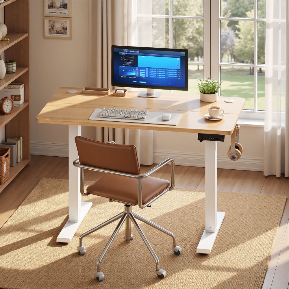 Bureau assis-debout  100 x 60 cm  acier doré chêne