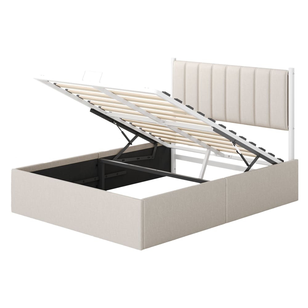 Lit coffre sommier relevable 160 x 200 cm beige tissu façon lin Lit coffre sommier relevable 160 x 200 cm beige tissu façon lin
