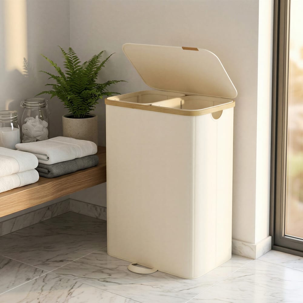 Panier à linge 2 compartiments avec sacs 150 l en tissu beige — vue 3