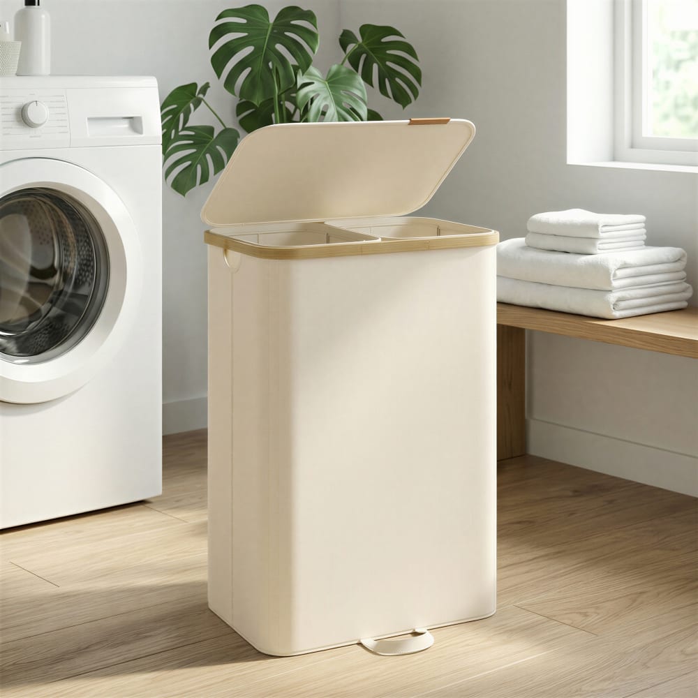 Panier à linge 2 compartiments avec sacs 150 l en tissu beige — vue 4