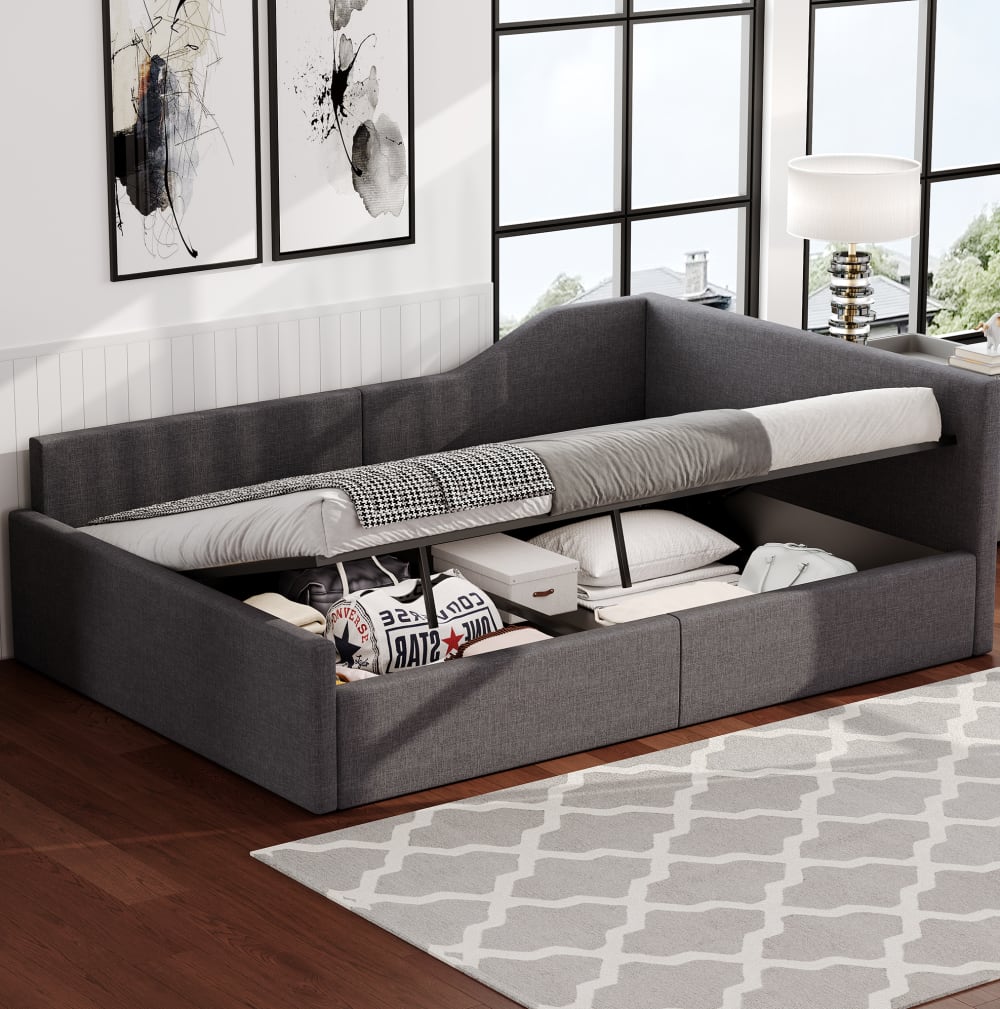 Lit banquette 140x200 cm en lin gris avec rangement