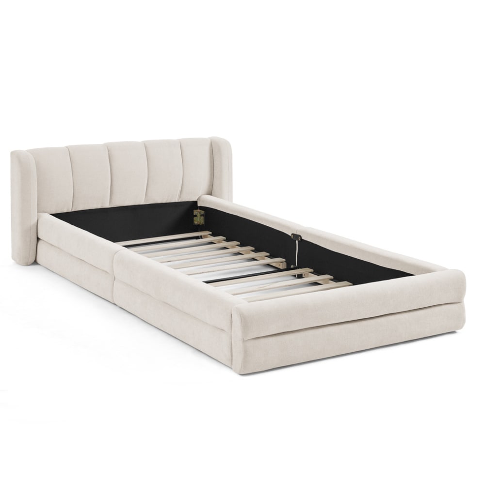 Lit rembourré 90x200 cm en chenille beige avec tête de lit rembourrée Lit rembourré 90x200 cm en chenille beige avec tête de lit rembourrée