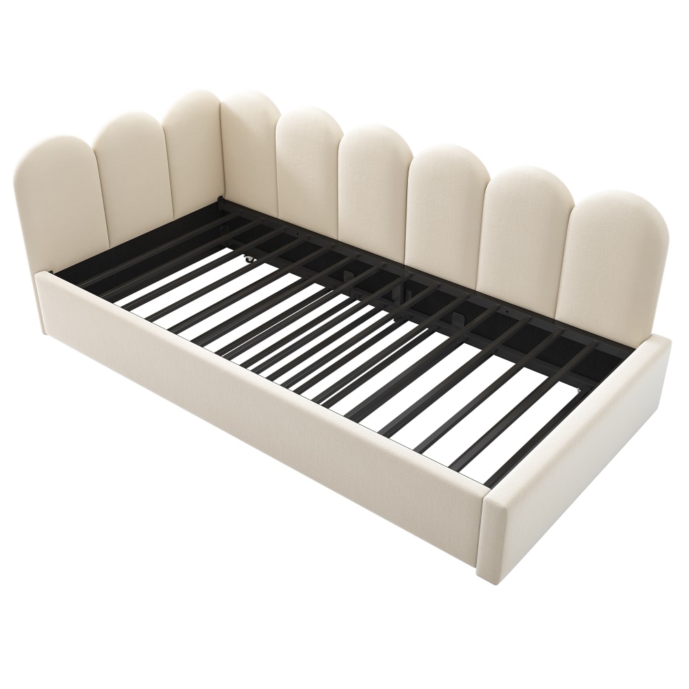 Lit enfant 90x200 cm en velours beige avec lit gigogne à roulettes Lit enfant 90x200 cm en velours beige avec lit gigogne à roulettes