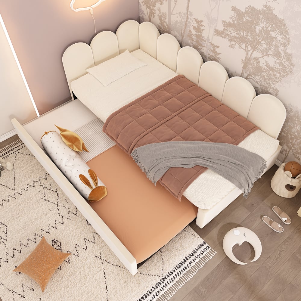 Kinderbett 90x200 cm aus Samt mit Ausziehbett auf Rollen, beige -