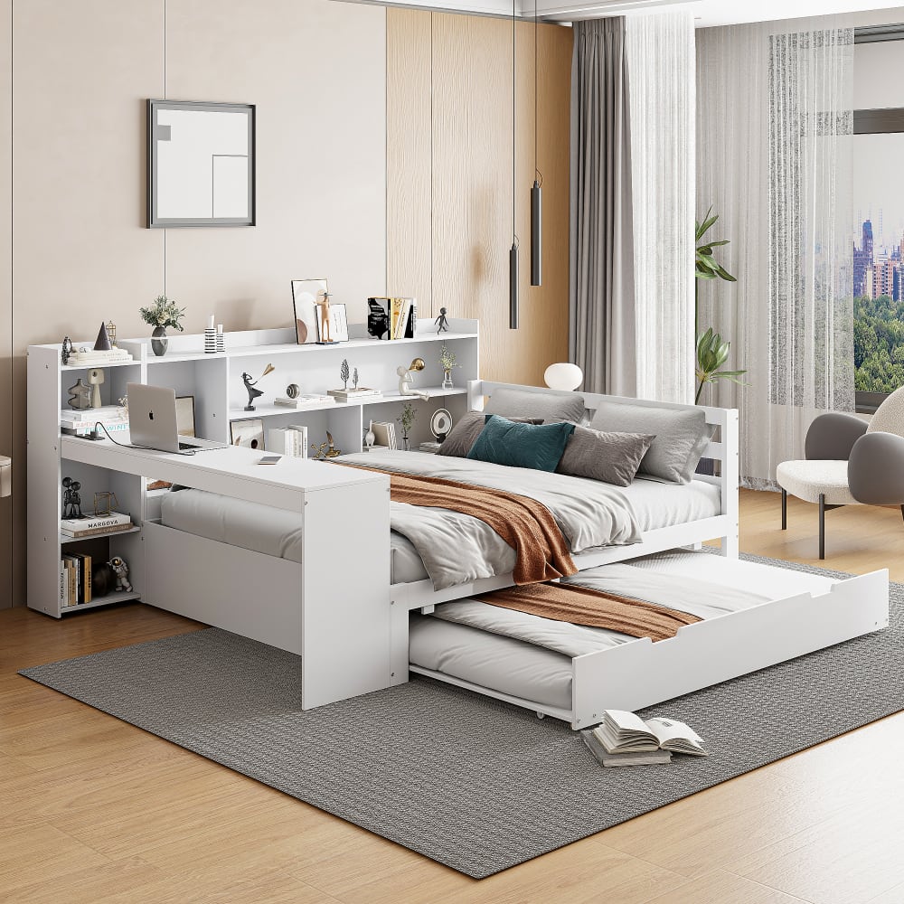 Lit multifonction en pin blanc avec lit gigogne 140 x 200 cm