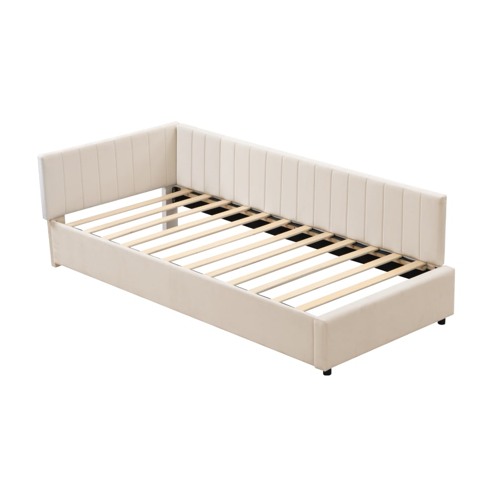 Lit rembourré 90x200 cm en velours beige avec sommier à lattes Lit rembourré 90x200 cm en velours beige avec sommier à lattes