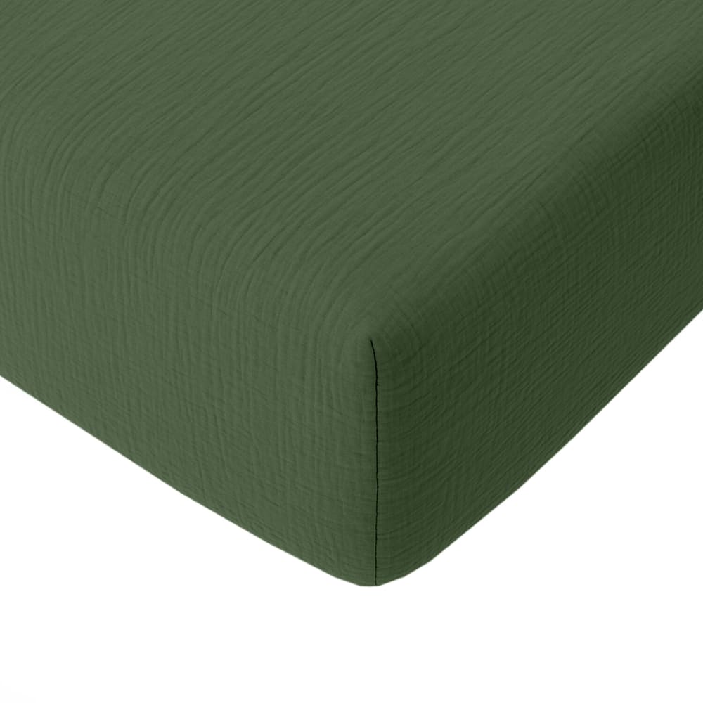 Drap housse gaze de coton vert cèdre 140x190 cm