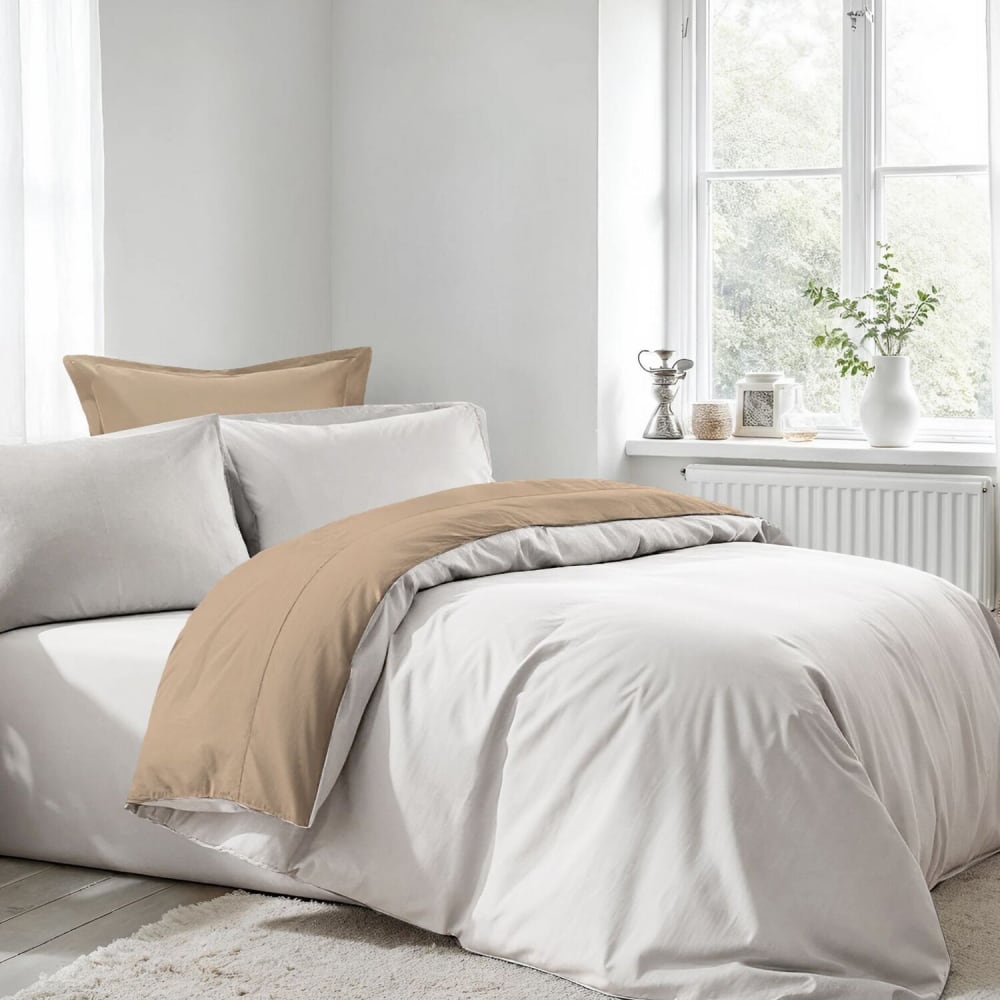 Parure housse de couette 100% coton uni beige + 2 taies 240x220 cm