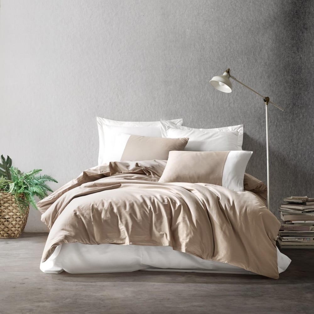 Parure housse de couette 100% coton uni crème + 2 taies 240x220 cm