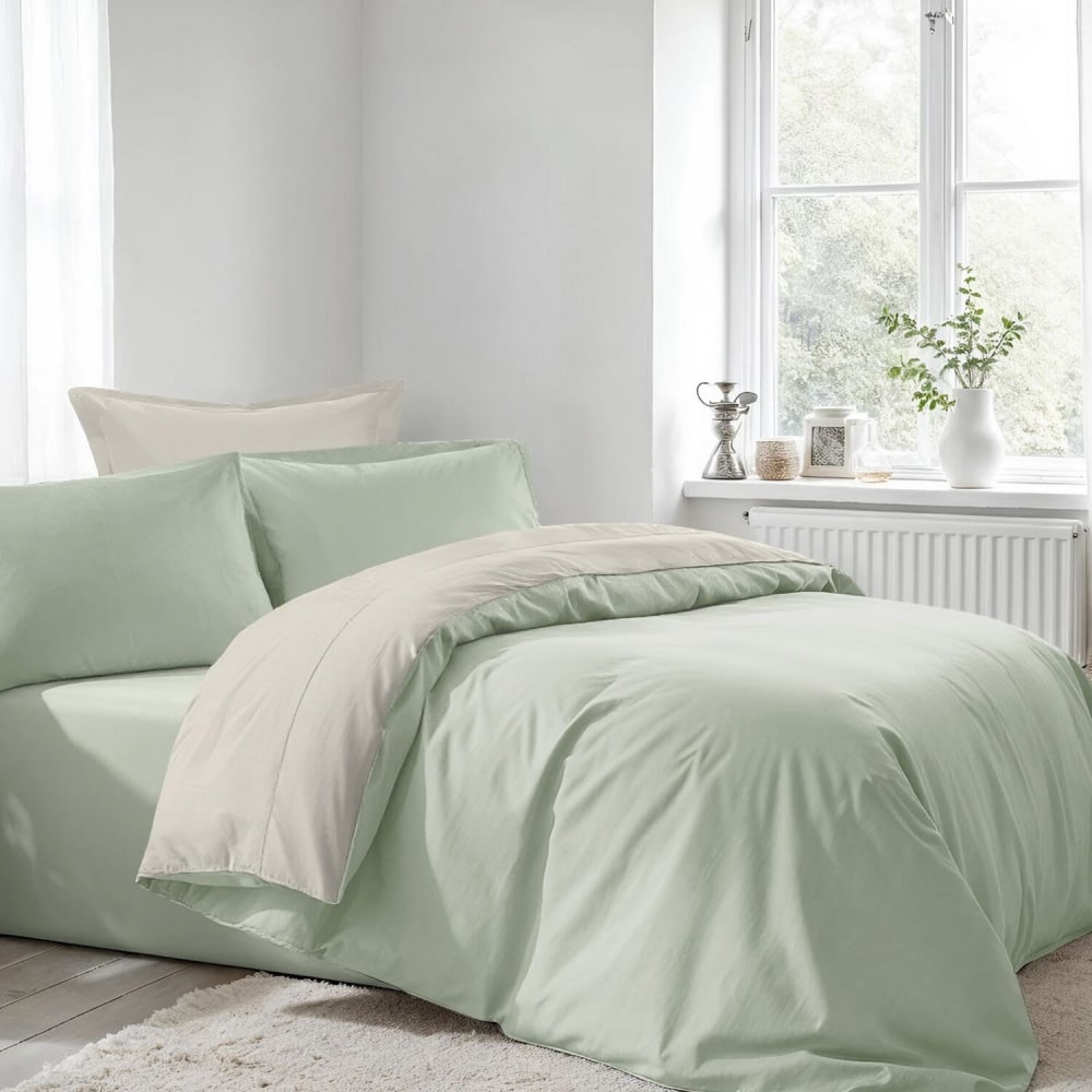 Parure housse de couette 100% coton uni vert + 2 taies 240x220 cm