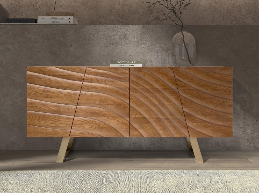 Sideboard aus hellem Nussbaumholz und poliertem goldfarbenem