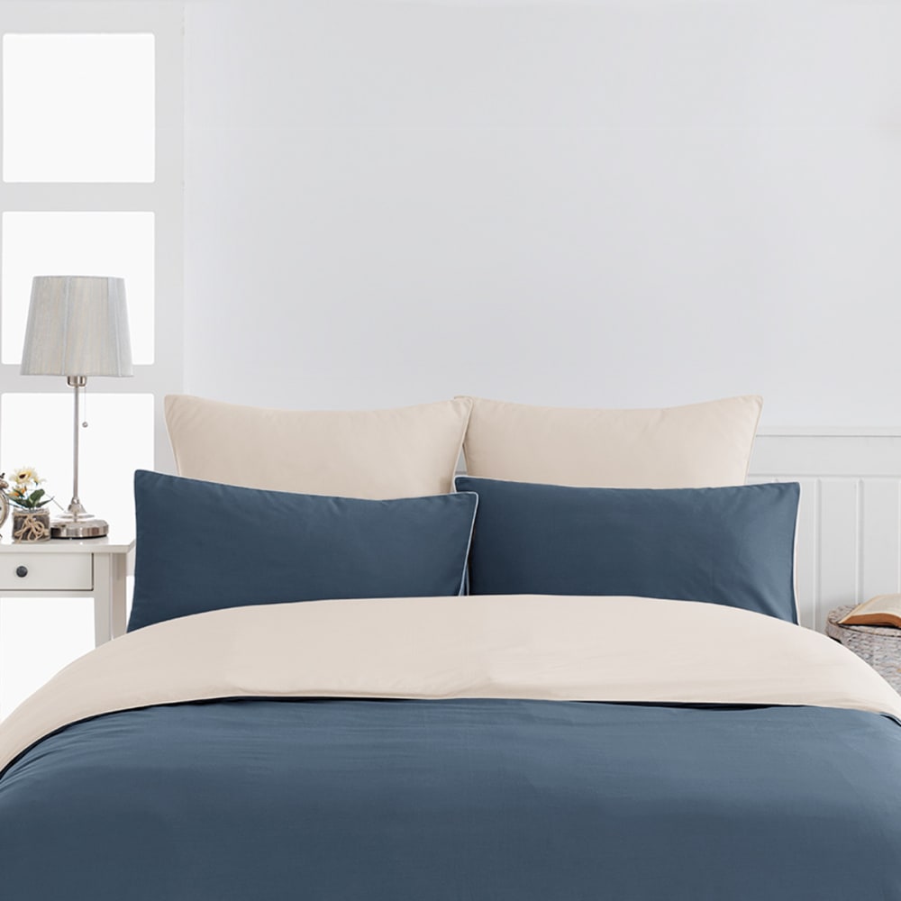 Parure de lit + 2 taies rectangles Indigo/Ficelle 200x200 cm