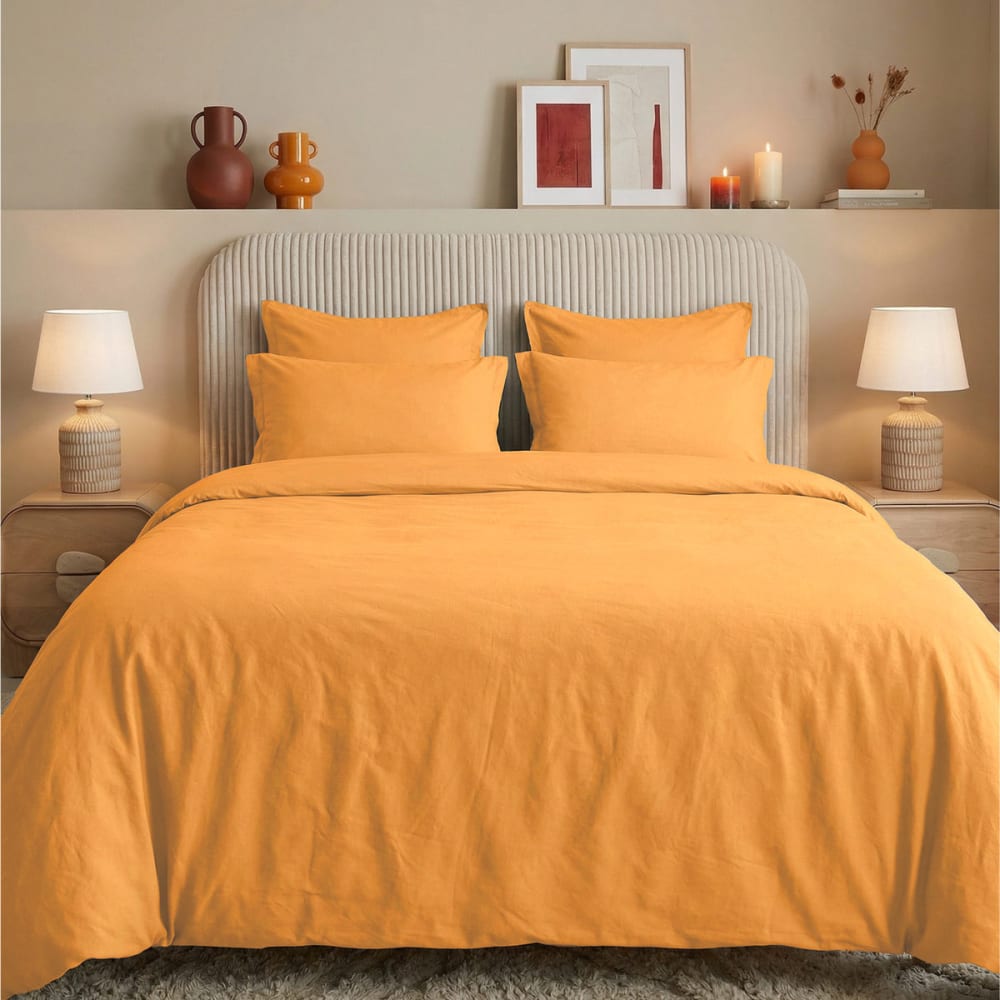 Parure de lit percale lavée avec 2 taies carrées Caramel 140x200 cm