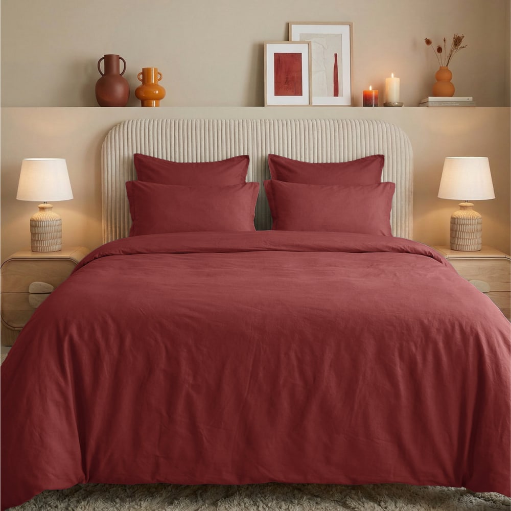 Parure de lit percale lavée 2 taies rectangles Terre Brulée 240x220 cm